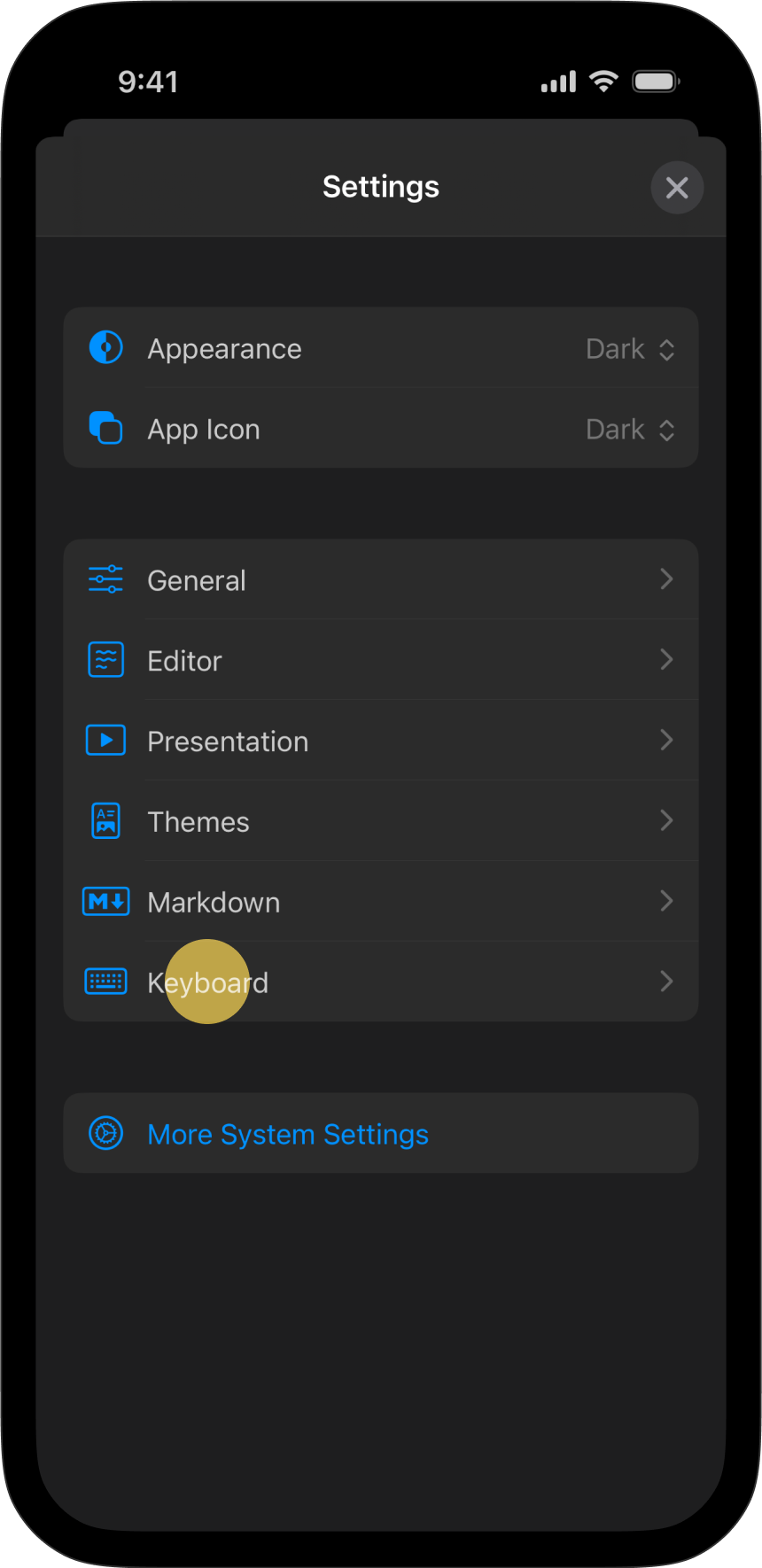 The Settings menu, with Keyboard tab highlighted
