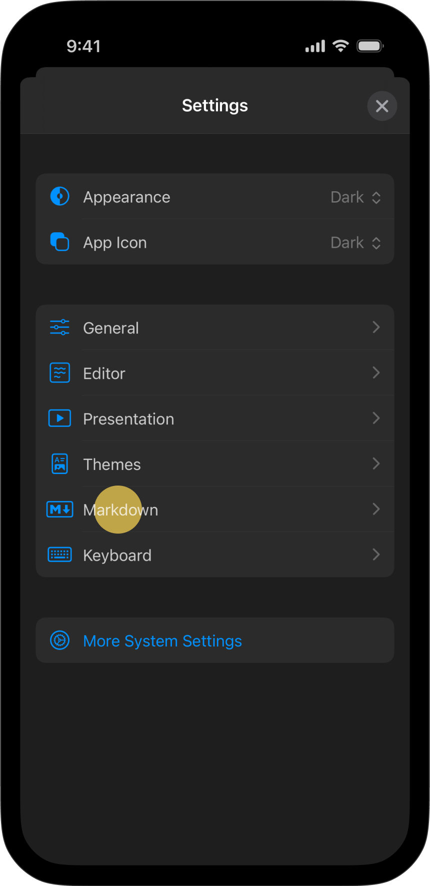 The Settings menu, with Markdown tab highlighted