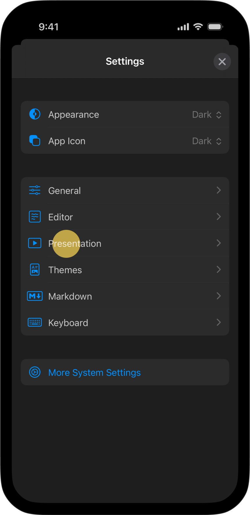 The Settings menu, with Presentation tab highlighted