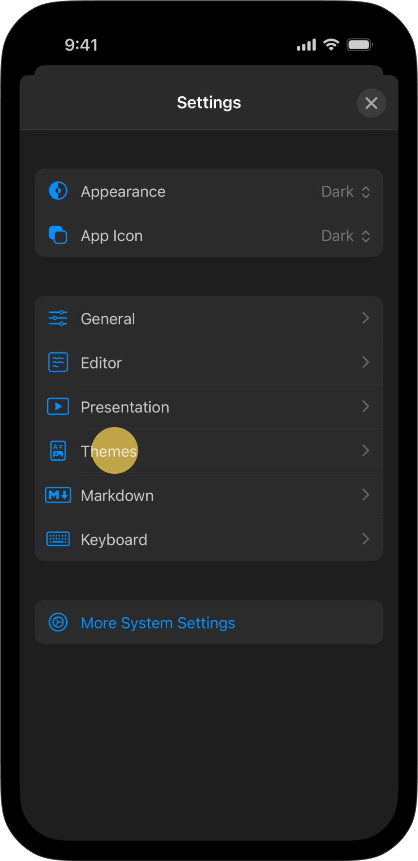 The Settings menu, with Themes tab highlighted