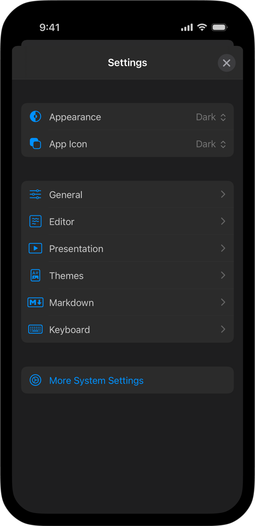 The main menu of the Settings in Presenter for iOS