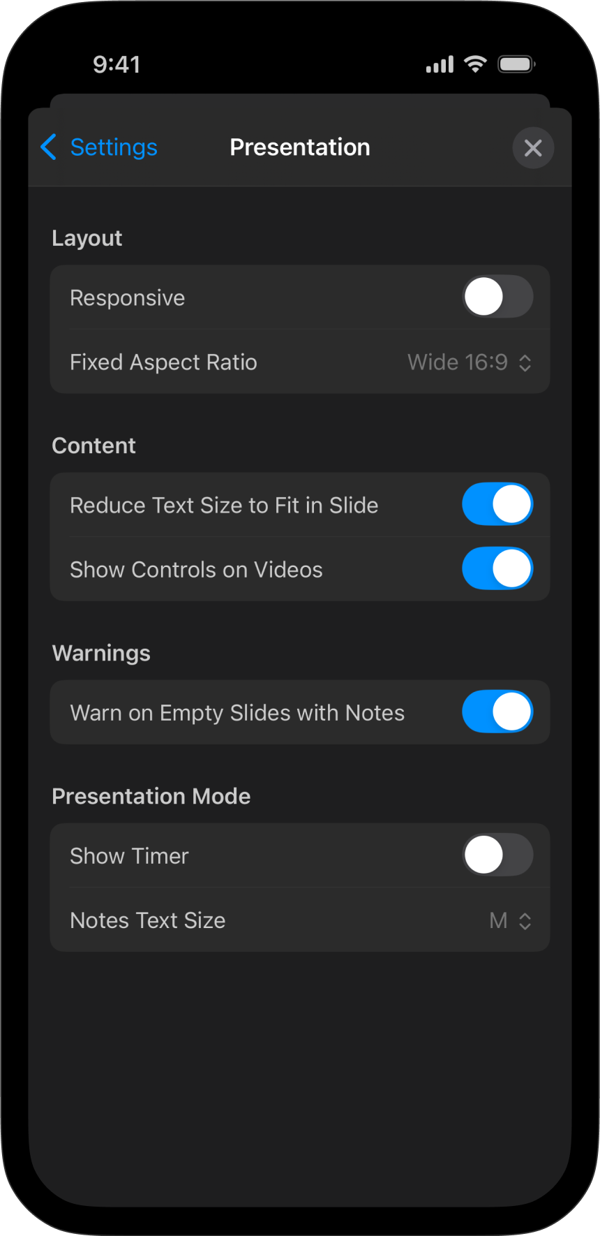 Screenshot of the Presentation Menu Settings options