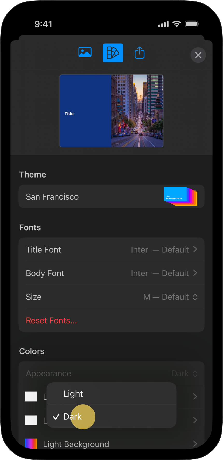 Change the theme to dark mode in the Design menu.