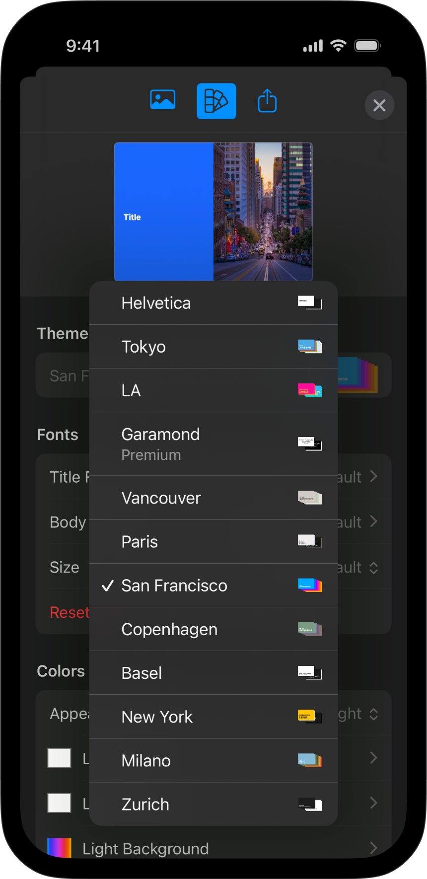 Select a theme from the Design menu.