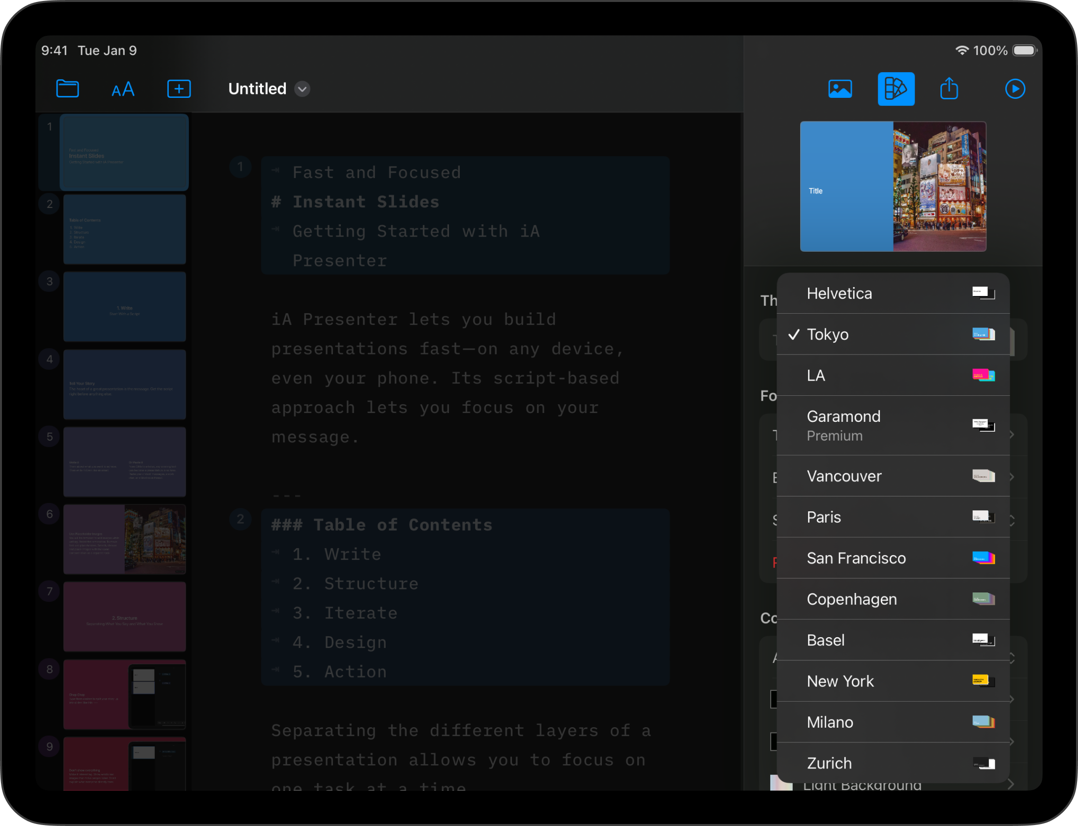 Select a theme from the Design menu.