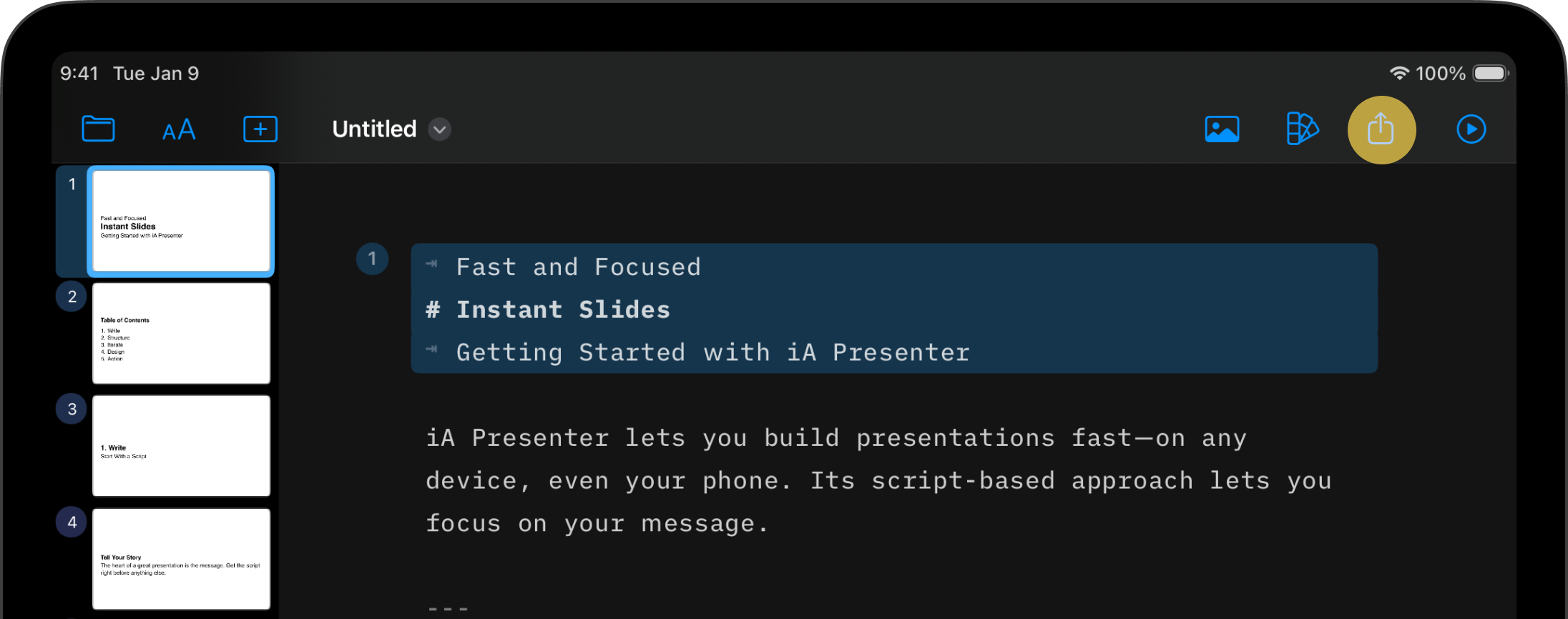 Presenter for iPad, with access to the Export options from the right side of the toolbar