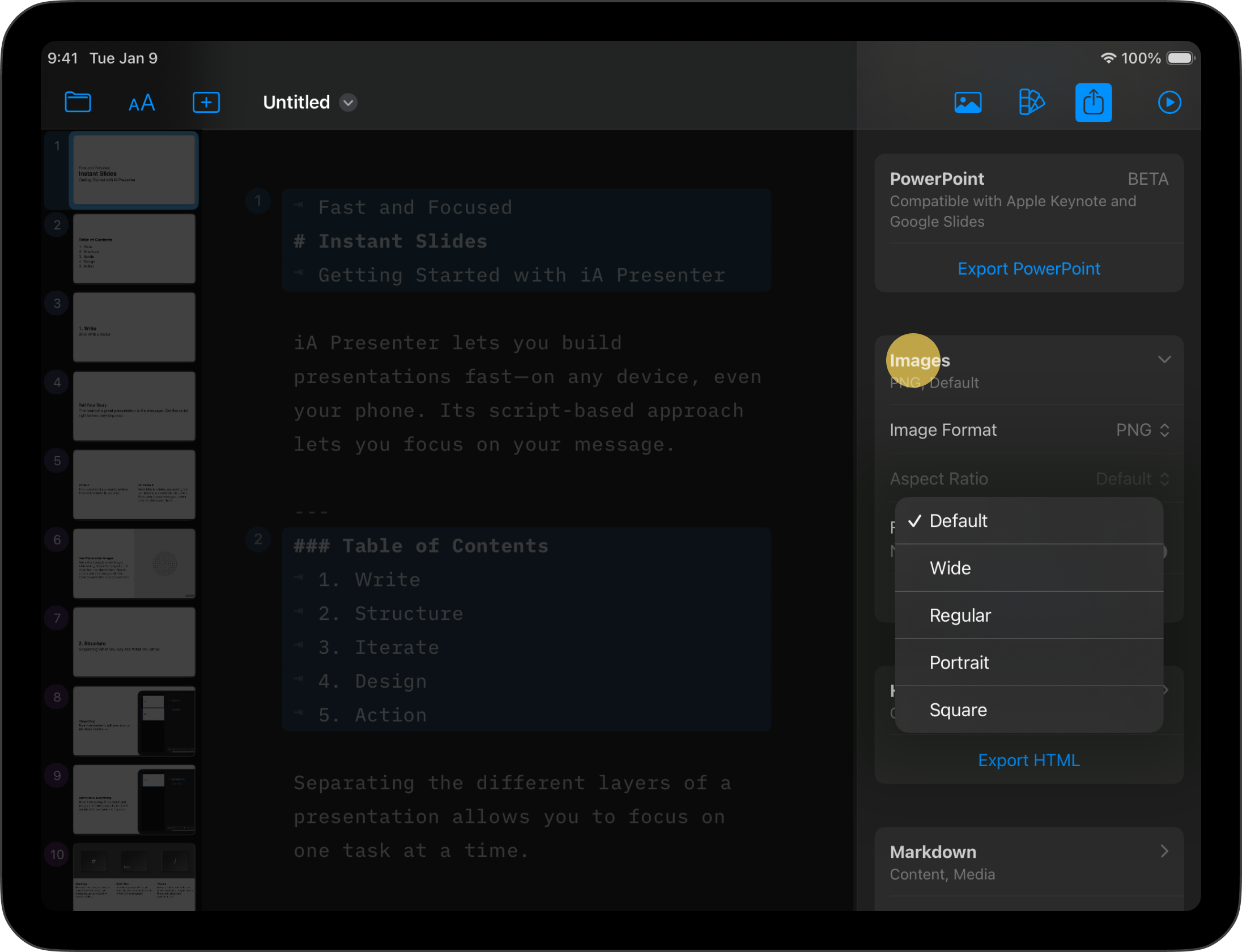 Images export options from the Settings.