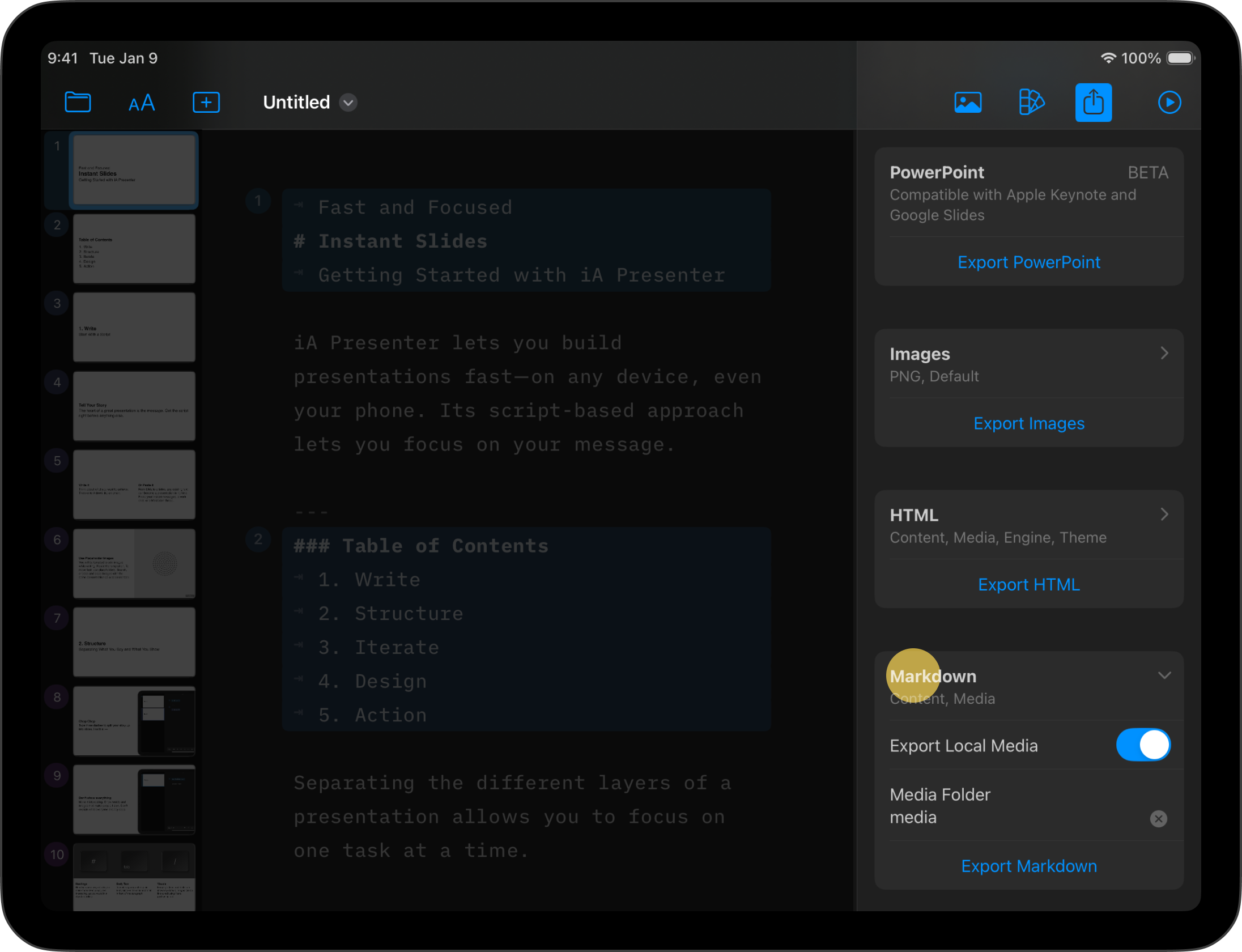 How the Markdown export in the iPadOS Files.