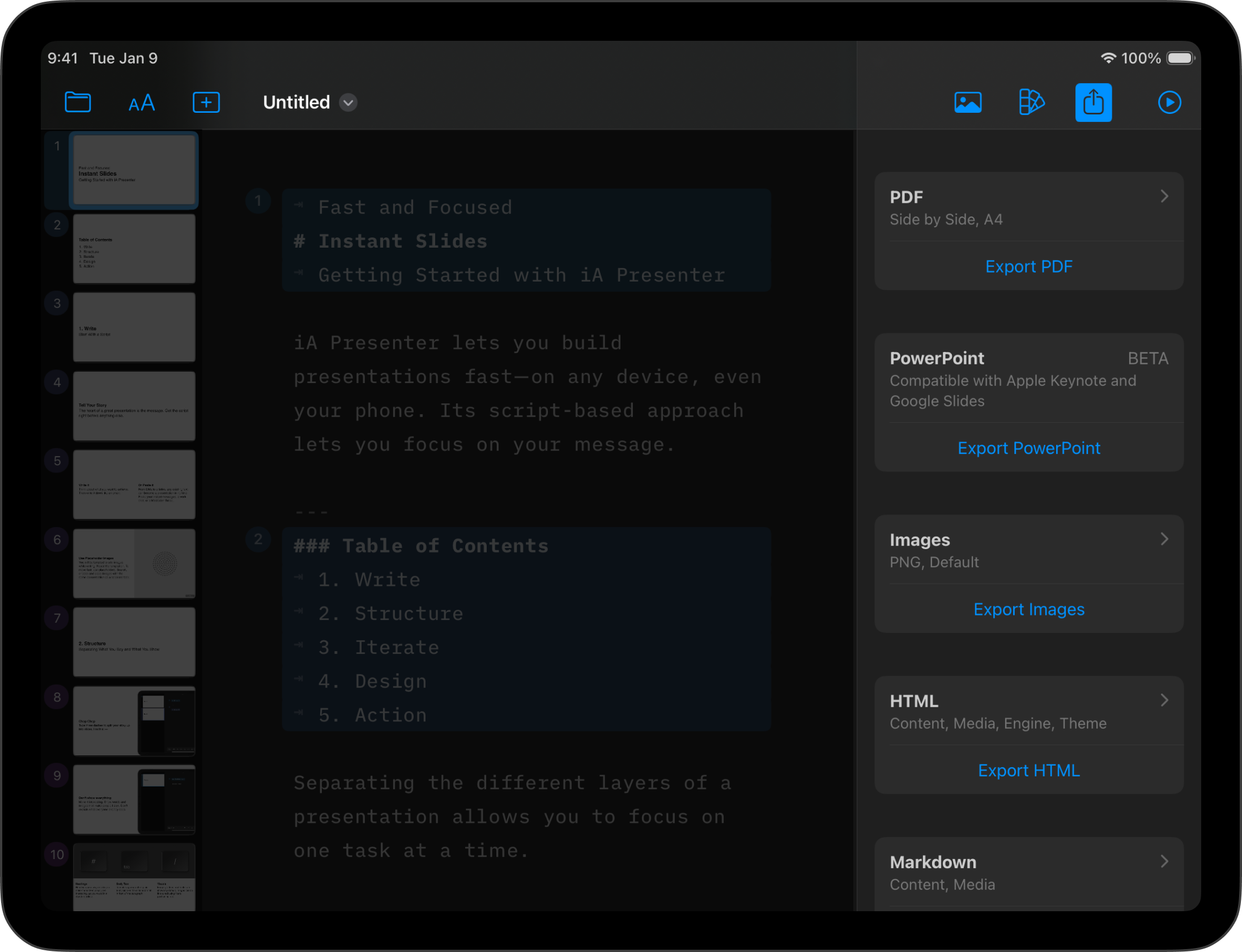 The Export menu of Presenter for iPad