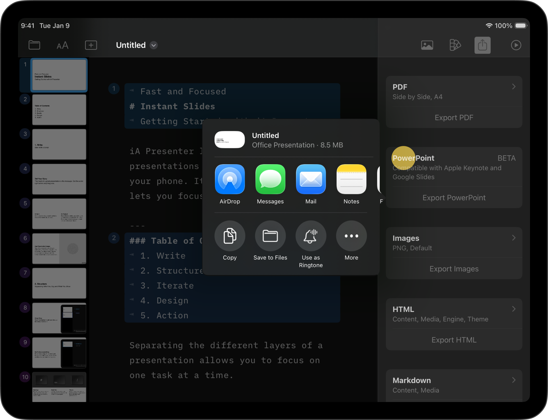 The iPadOS share sheet ready for exporting as a PPT file.