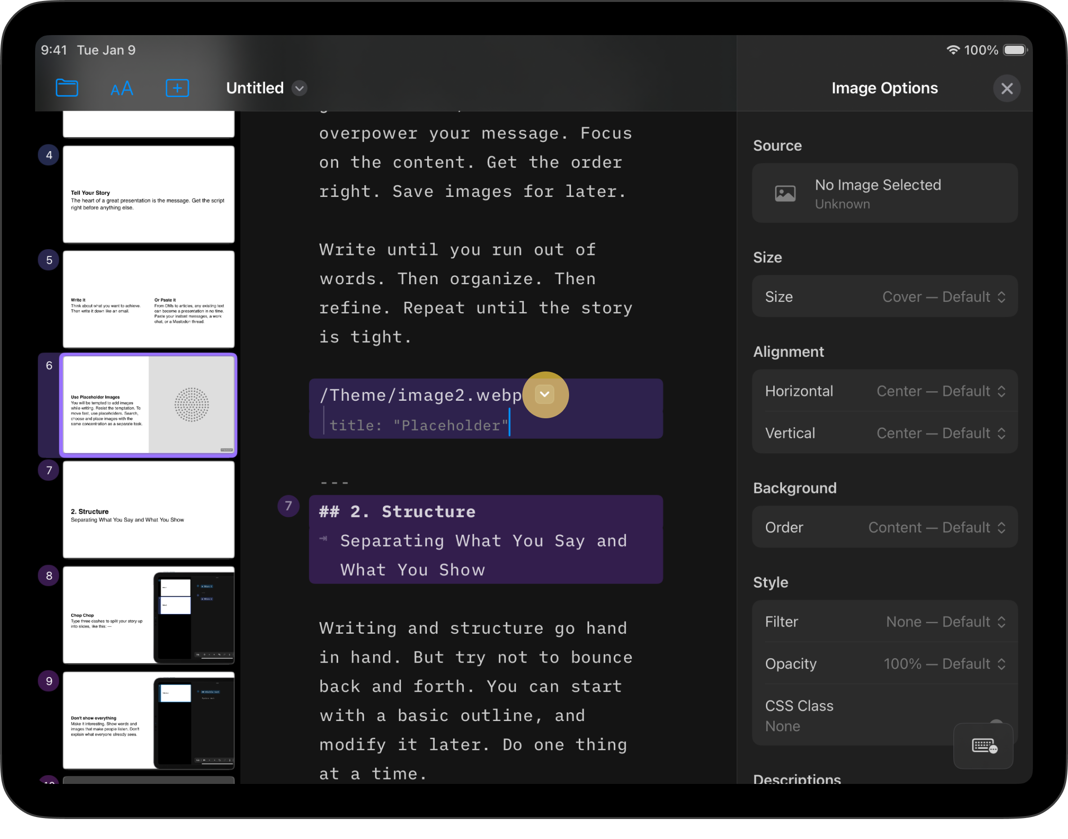 Screenshot showing the dropdown arrow at the end of the image’s path in the Editor and the image menu