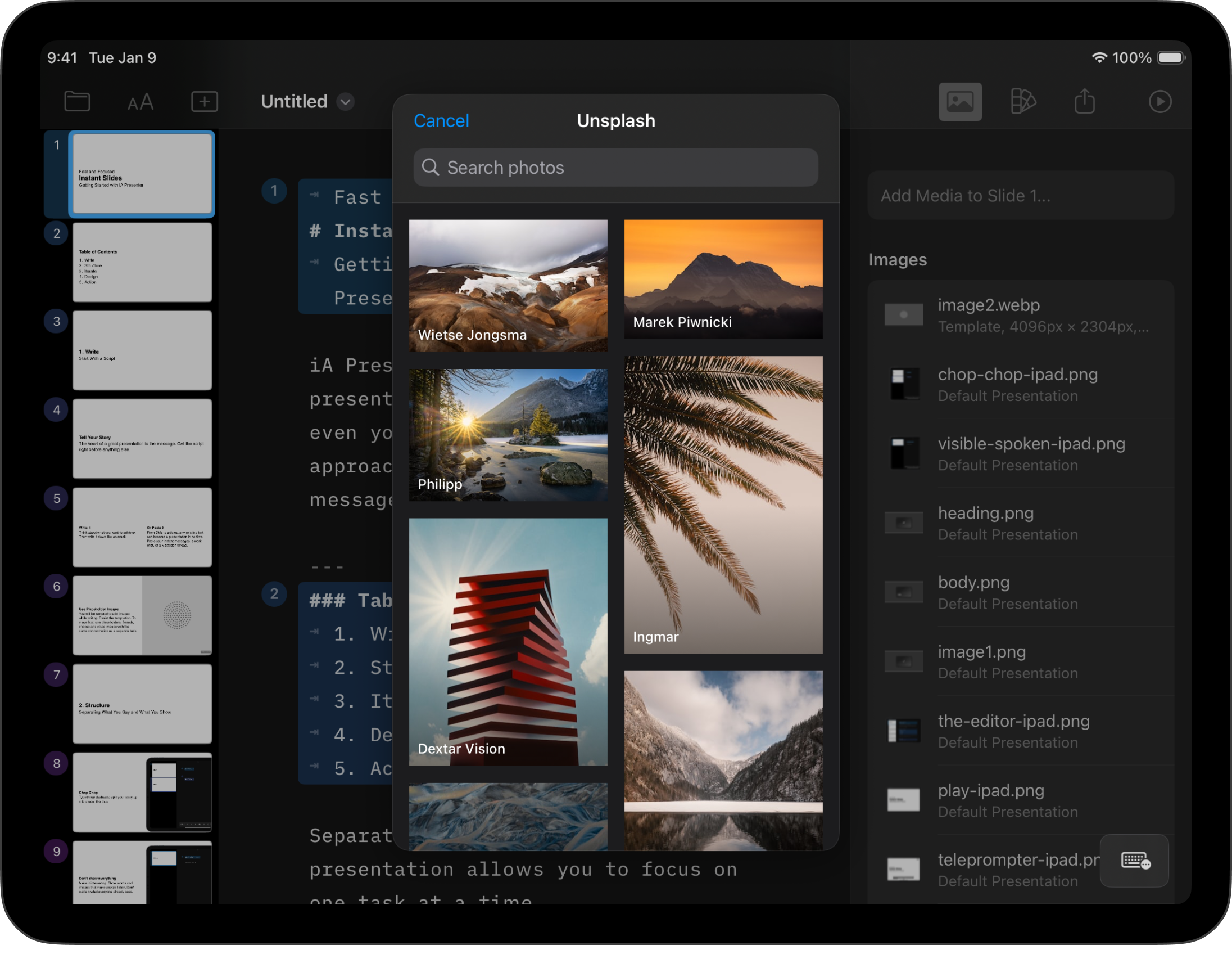 Screenshot of the Unsplash search menu.