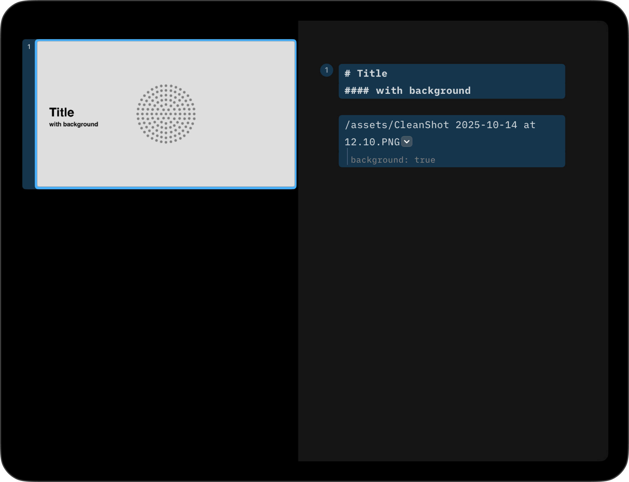An image with the background class added in the Editor, and in a different cell a Title and subtitle.