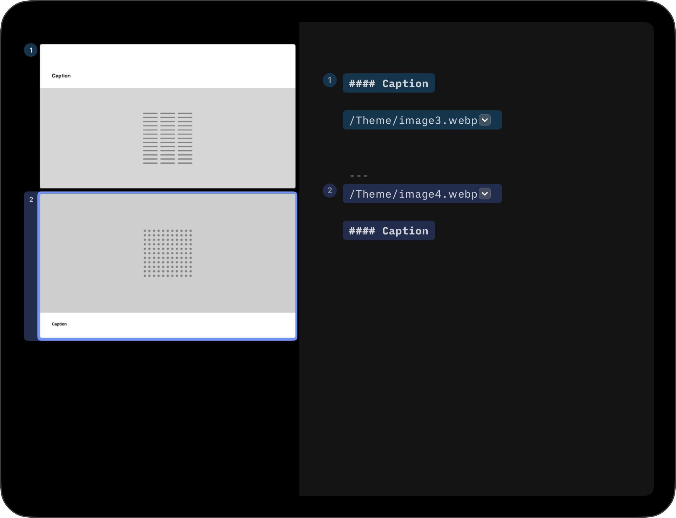 Two ways to showcase a caption with an H4 heading before and after the image.