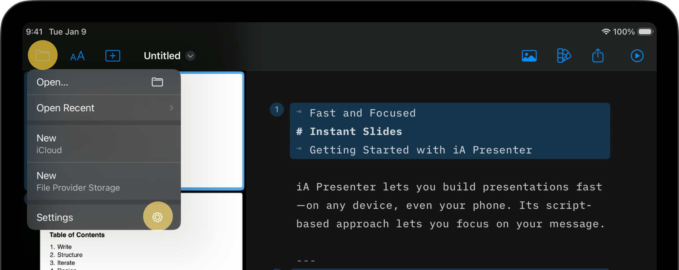 Screenshot of Presenter on iPad showing how to access the Settings from the Files button in the Editor