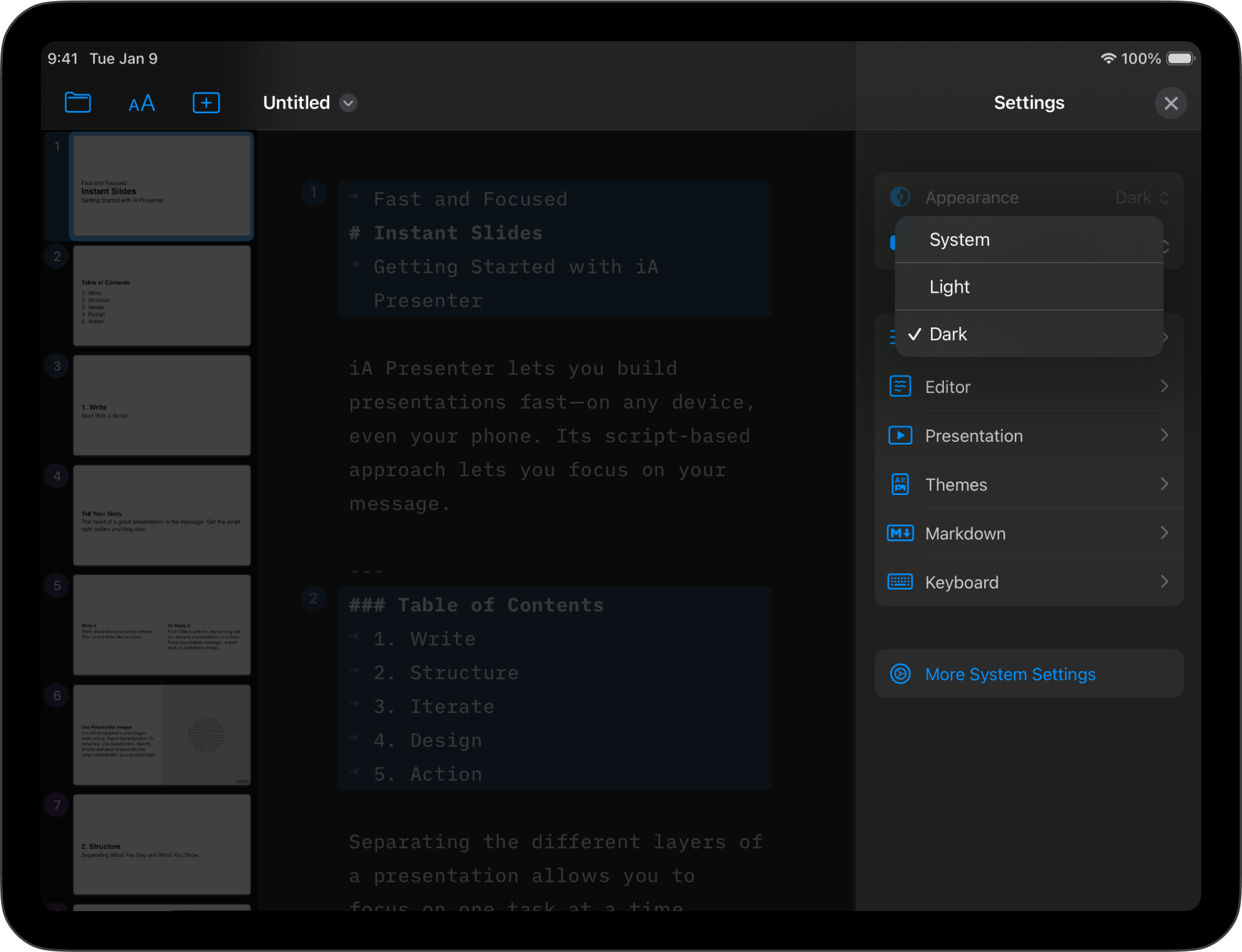 The main menu of the Settings in Presenter for iPadOS, showing the Appearance menu options
