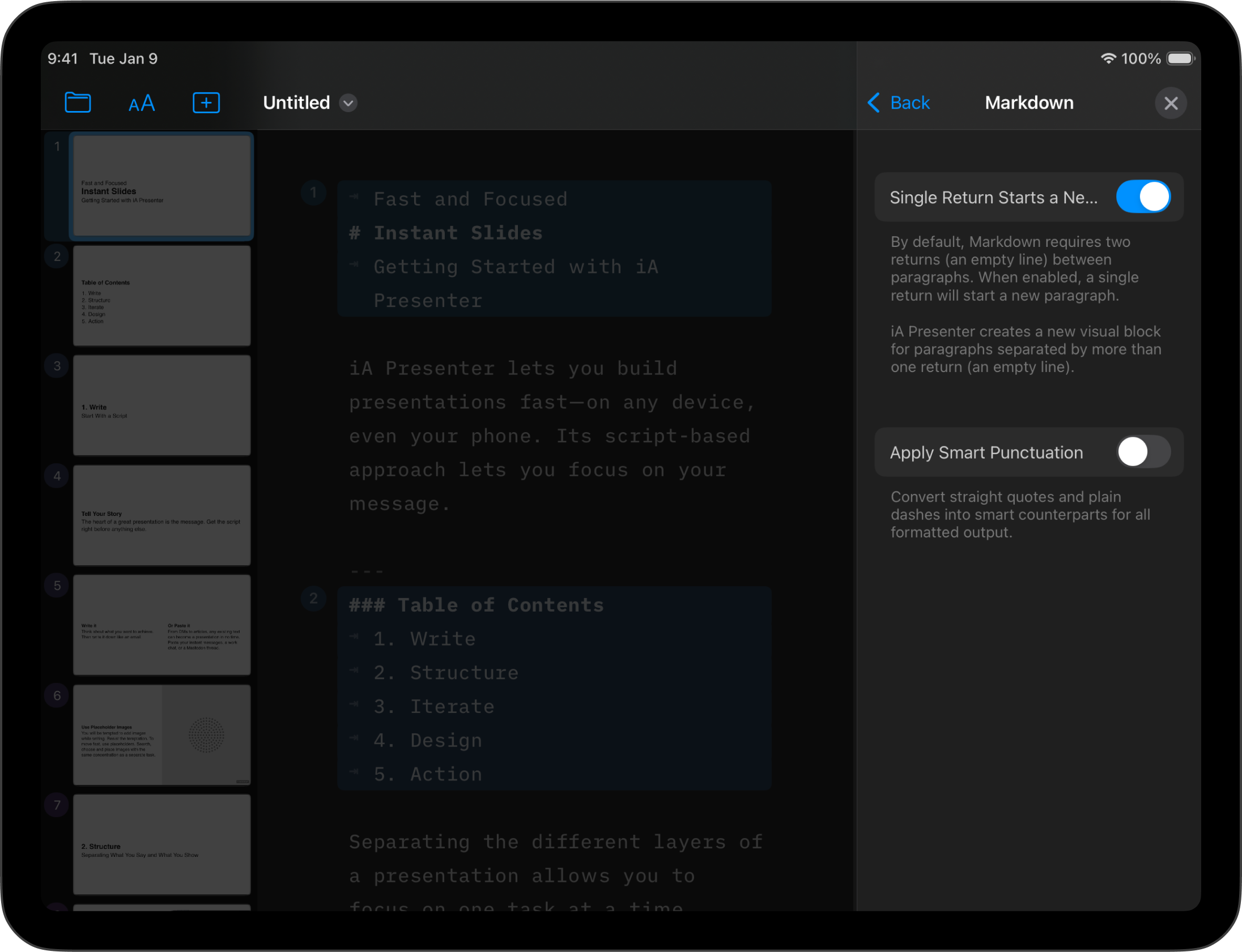 Screenshot of the Markdown Menu Settings options
