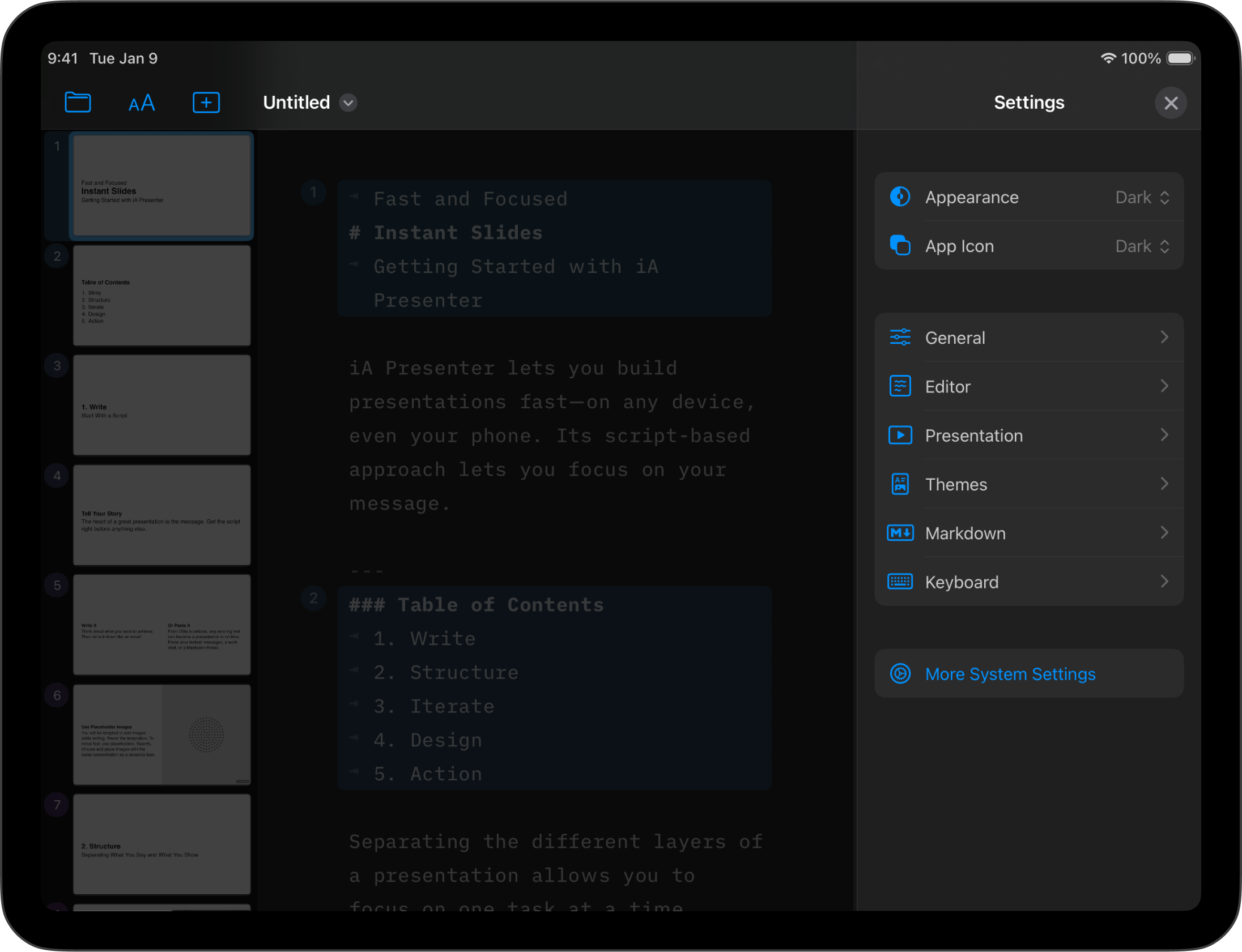 The main menu of the Settings in Presenter for iPadOS