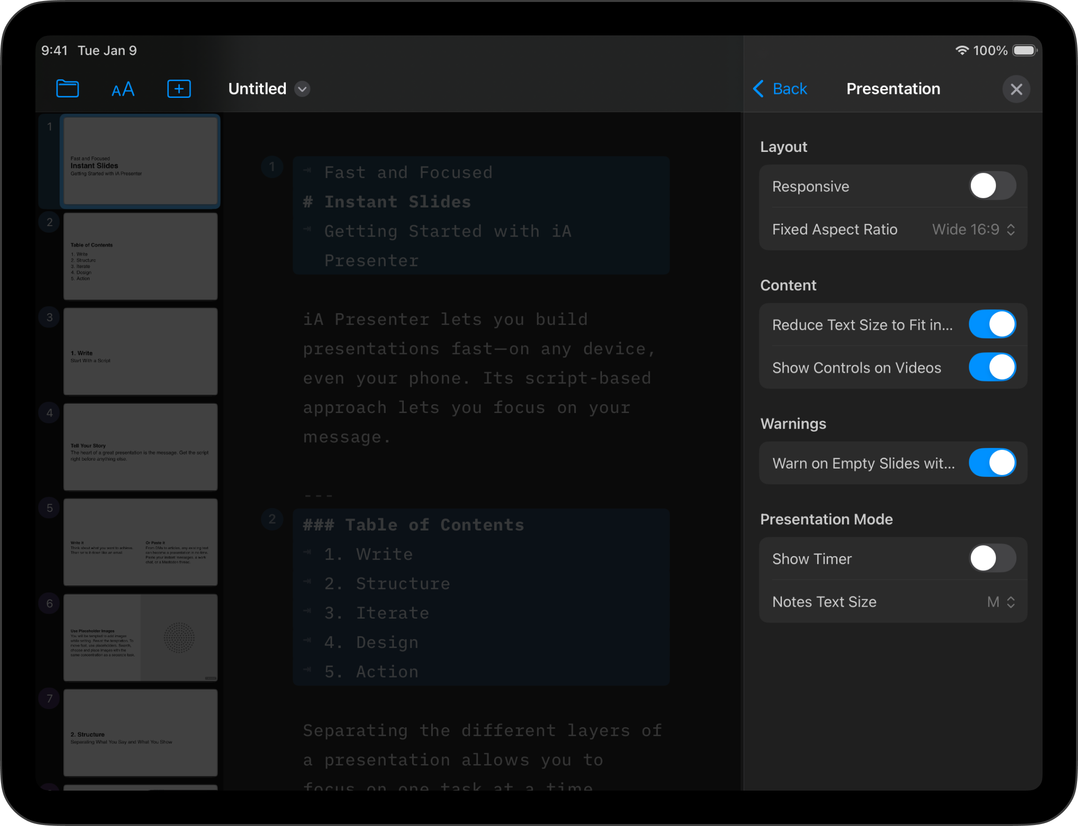 Screenshot of the Presentation Menu Settings options