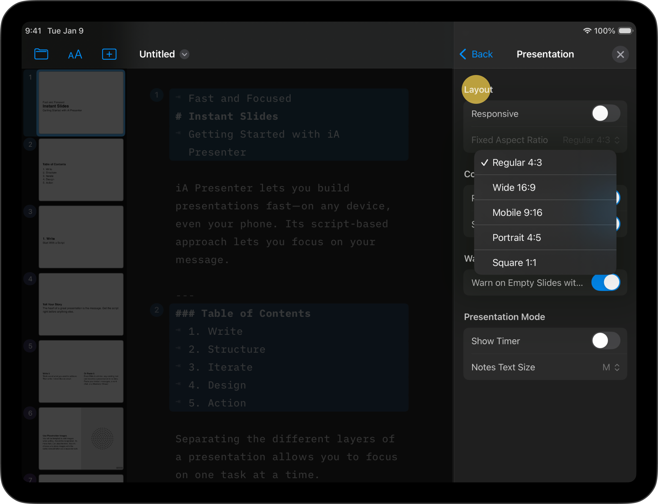 Screenshot of the Presentation Menu Settings options