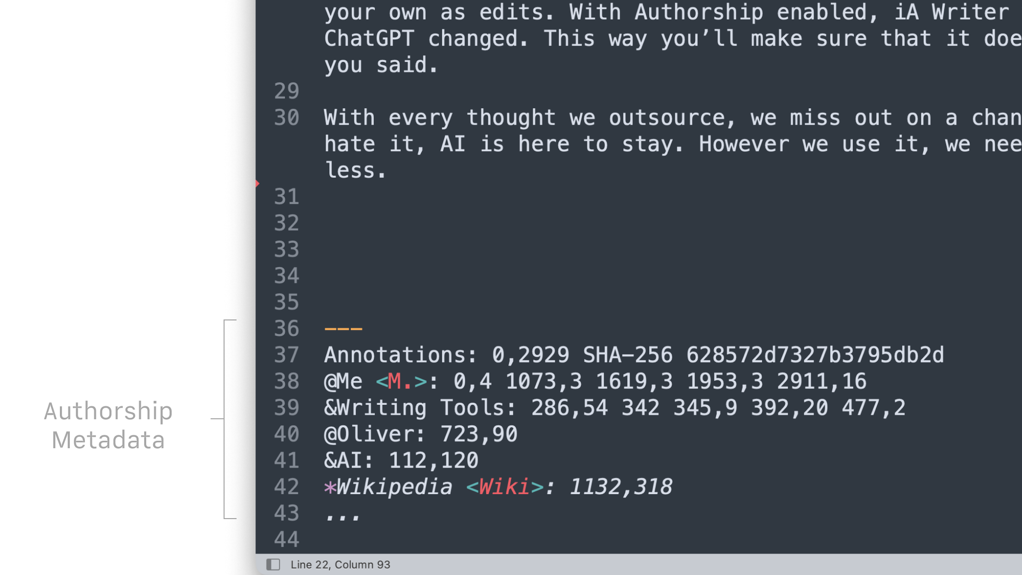 A text made in iA Writer using Authorship open in another text editor showing authorship annotations at the bottom.