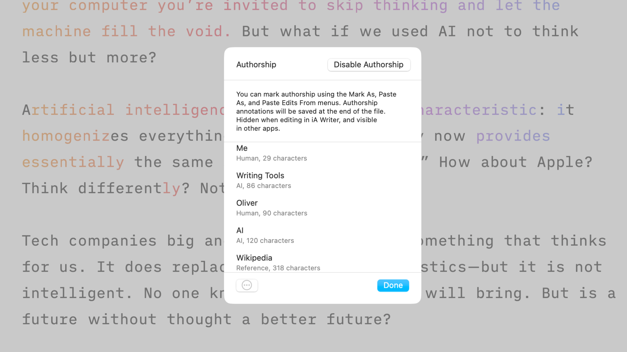 A screenshot of a pop-up menu for editing authorships.