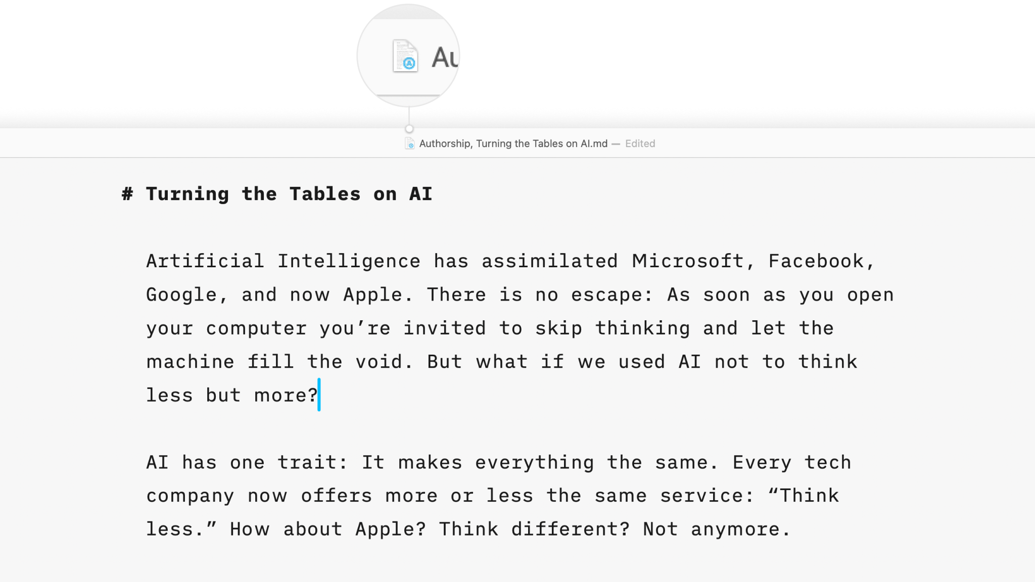 Close-up of the little blue mark on a file modified with Authorship.