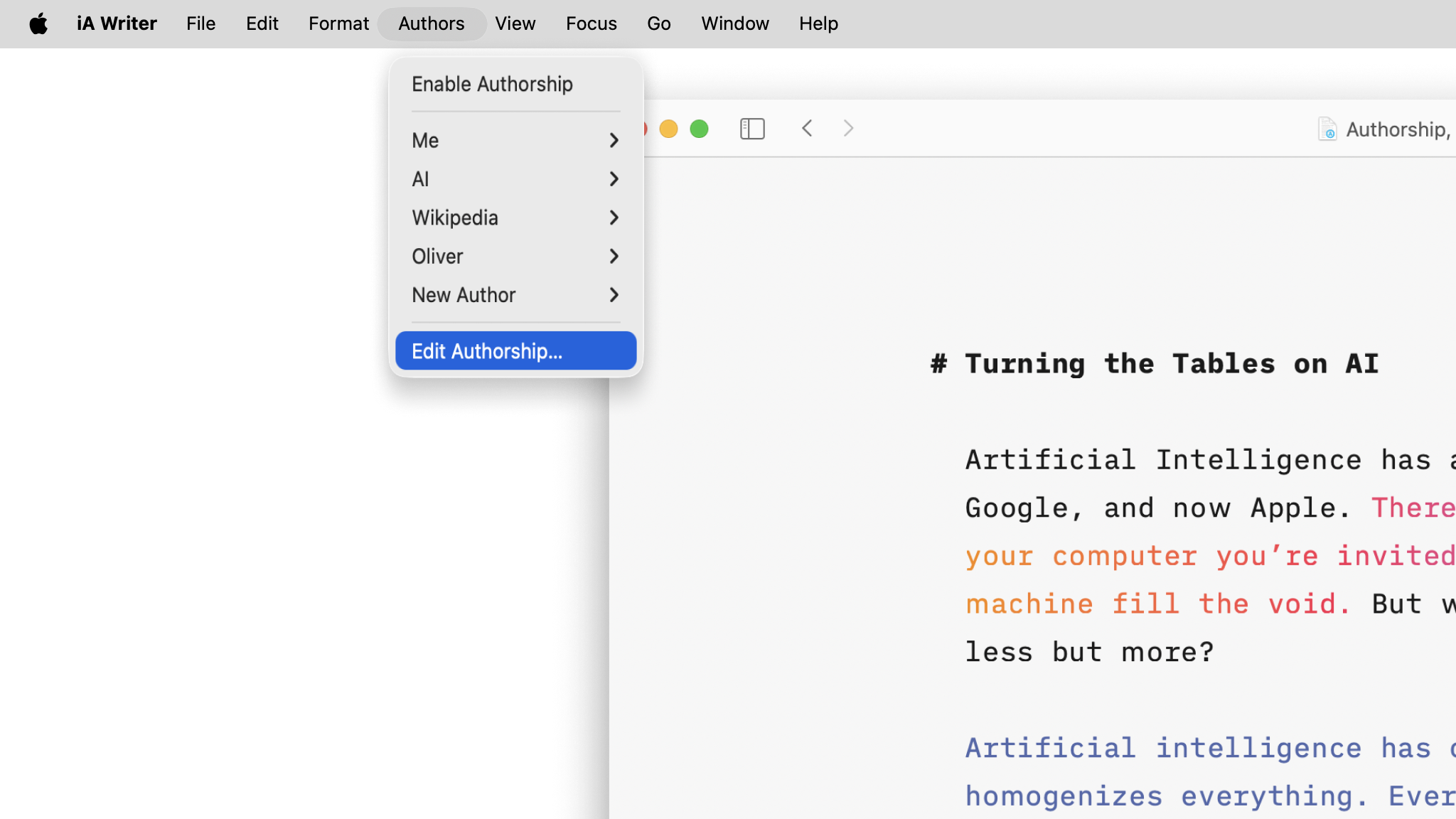 A screenshot of the top bar menu with the Authors submenu expanded.