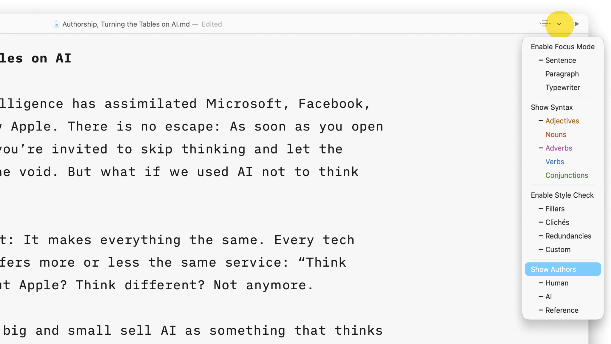 Close-up of the top-right Focus menu, highlighting where to enable Authorship.