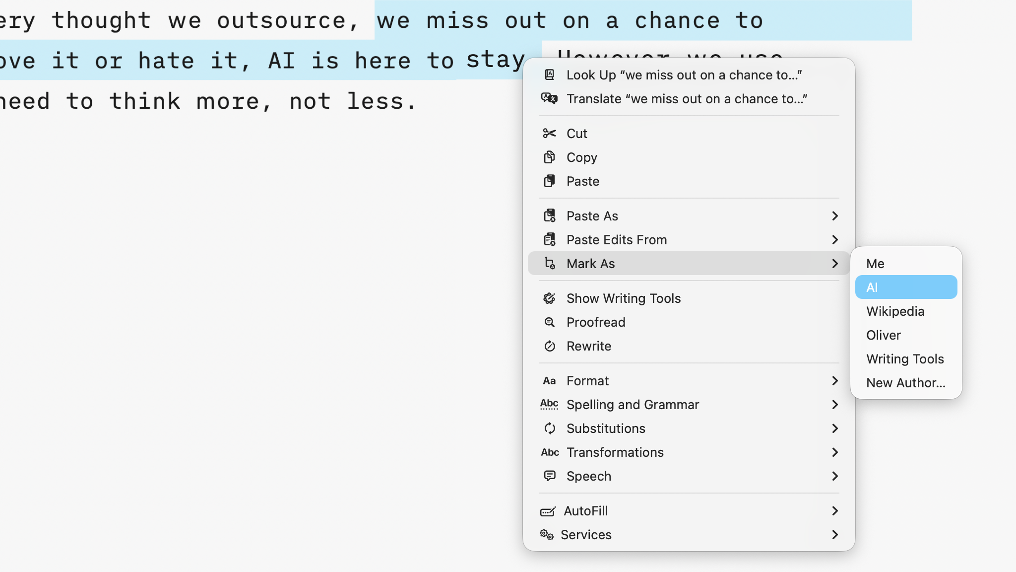 A screenshot of a context menu open with the option to "mark as" for a selection of the text with Authorship