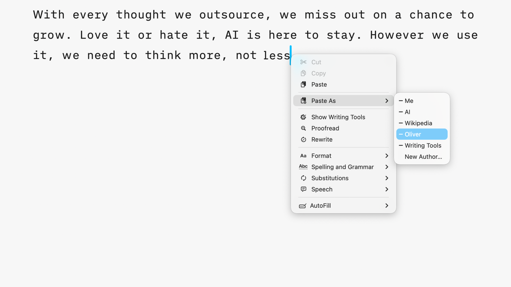 A screenshot of a context menu open with the option to "paste as" in the text with Authorship