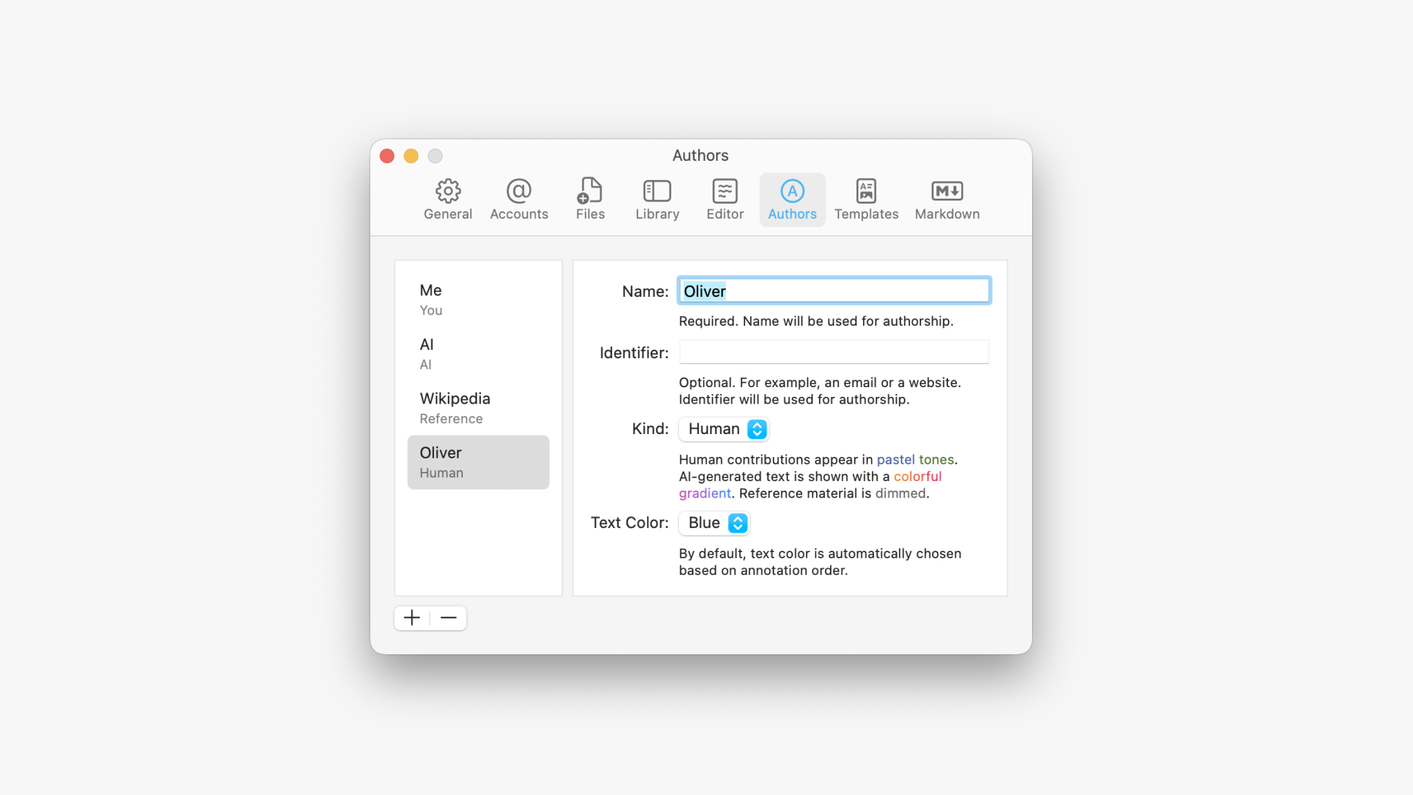 A screenshot of the Authors tab from the Settings in iA Writer.