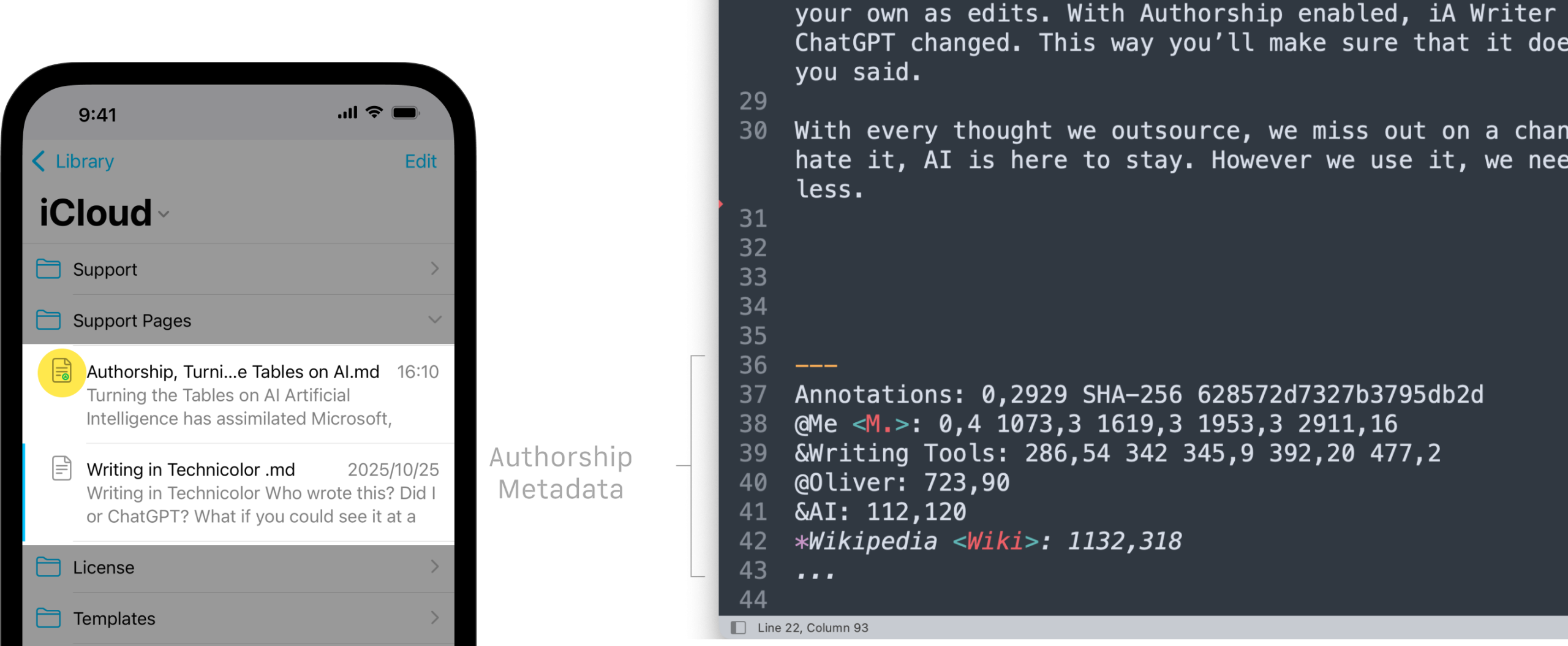 Two side-by-side screenshots: on the right, a file in Writer with the annotations sign and on the left, the same text in another text editor showing authorship annotations at the bottom.