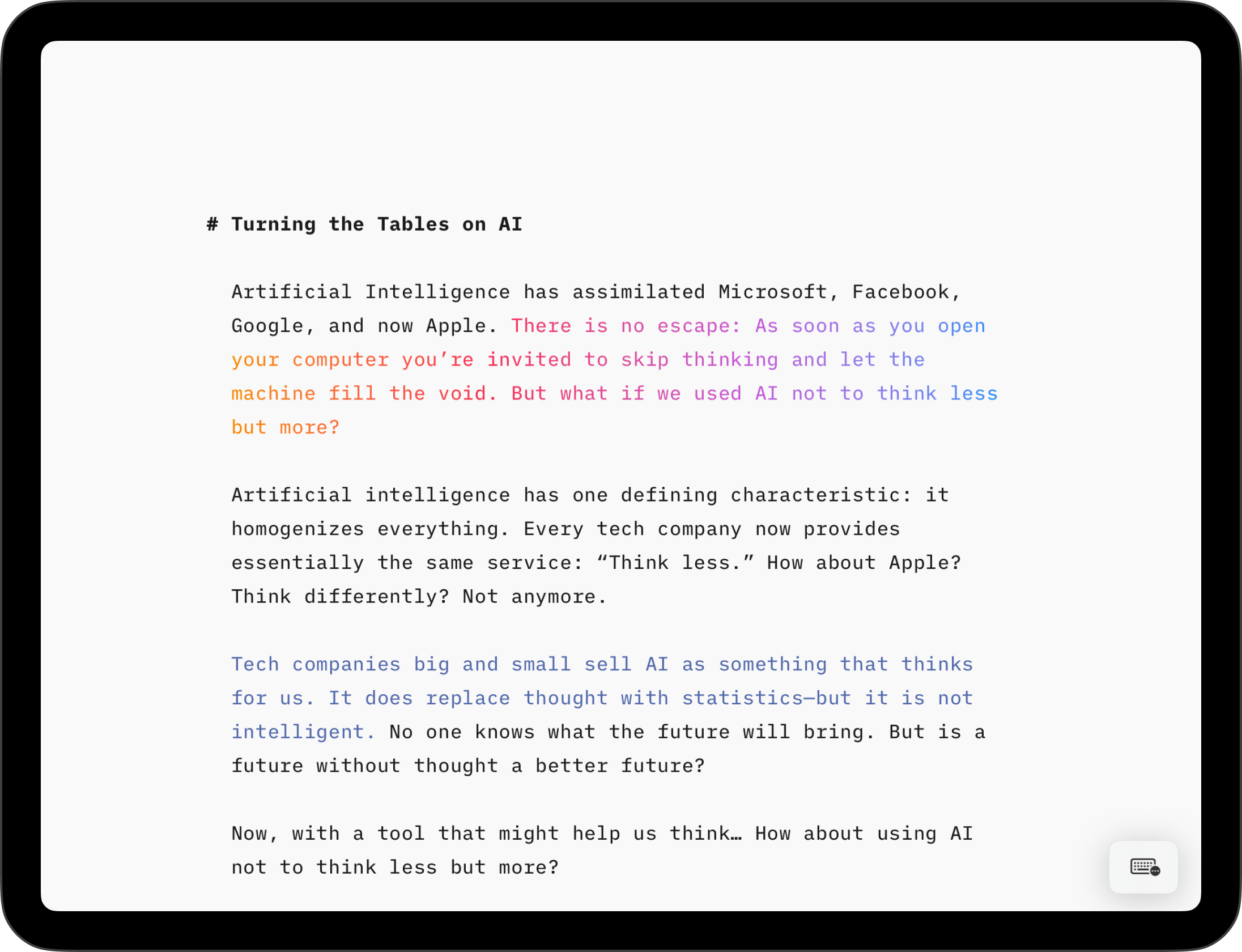 Screenshot of Writer for iPad with Authorship ON.