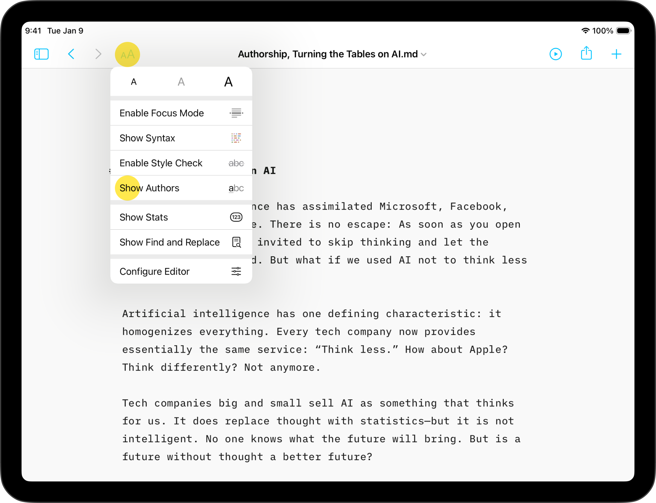 Screenshot of the AA context menu with an highlight on the Author option