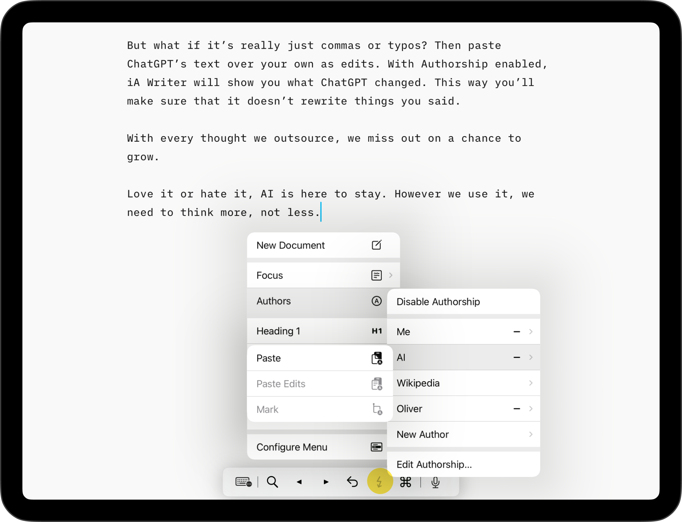 Screenshot of the Lightning context menu with an highlight on the Author options