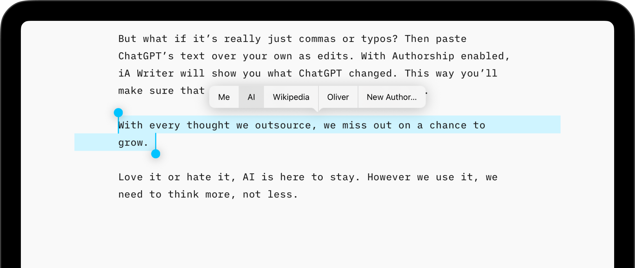 Screenshot of the pop-up menu with Mark As AI highlighted