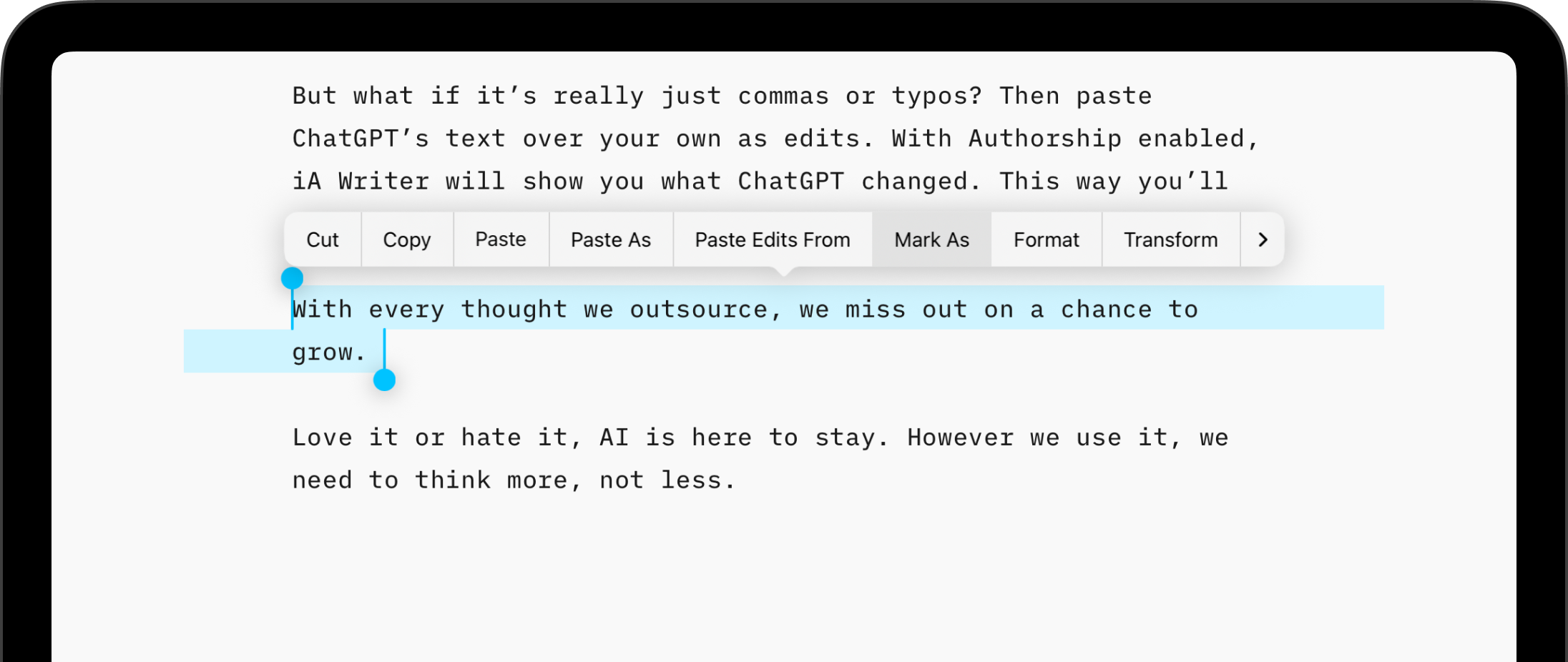 Screenshot of the pop-up menu with Mark As highlighted