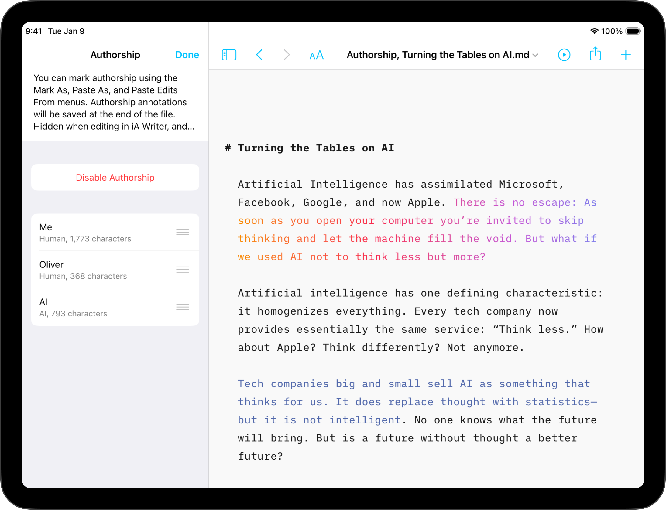 Screenshot of the Authorship details of the document in the left panel