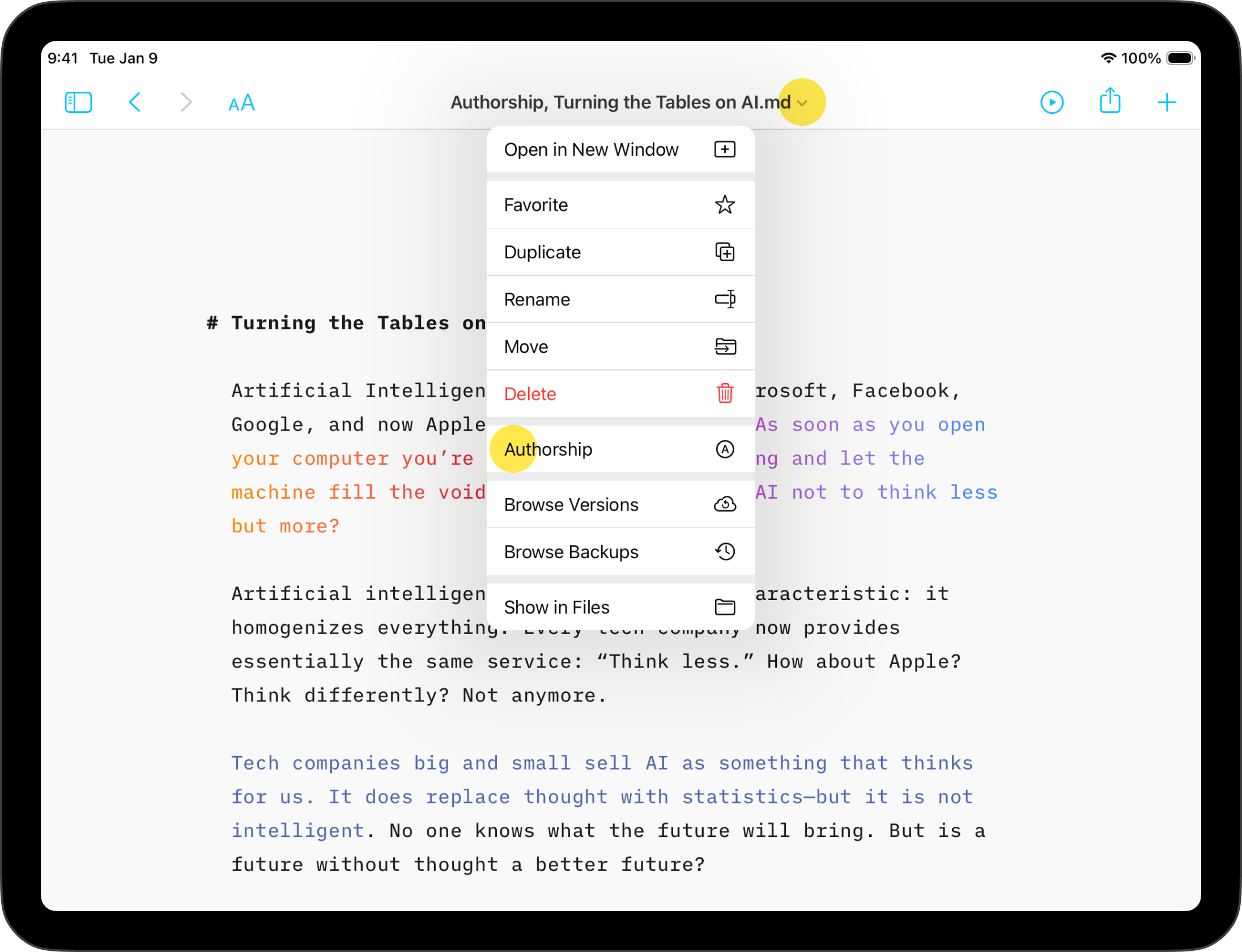 Screenshot of a pop-up menu from the toolbar with Author option highlighted