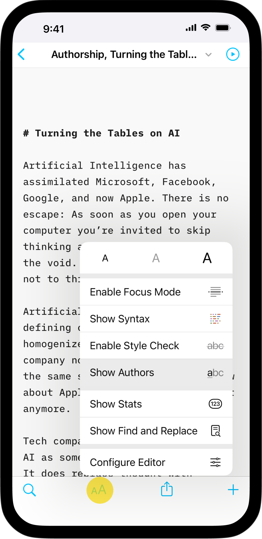 Screenshot of the Focus menu in Writer for iOS where you can enable Authorship