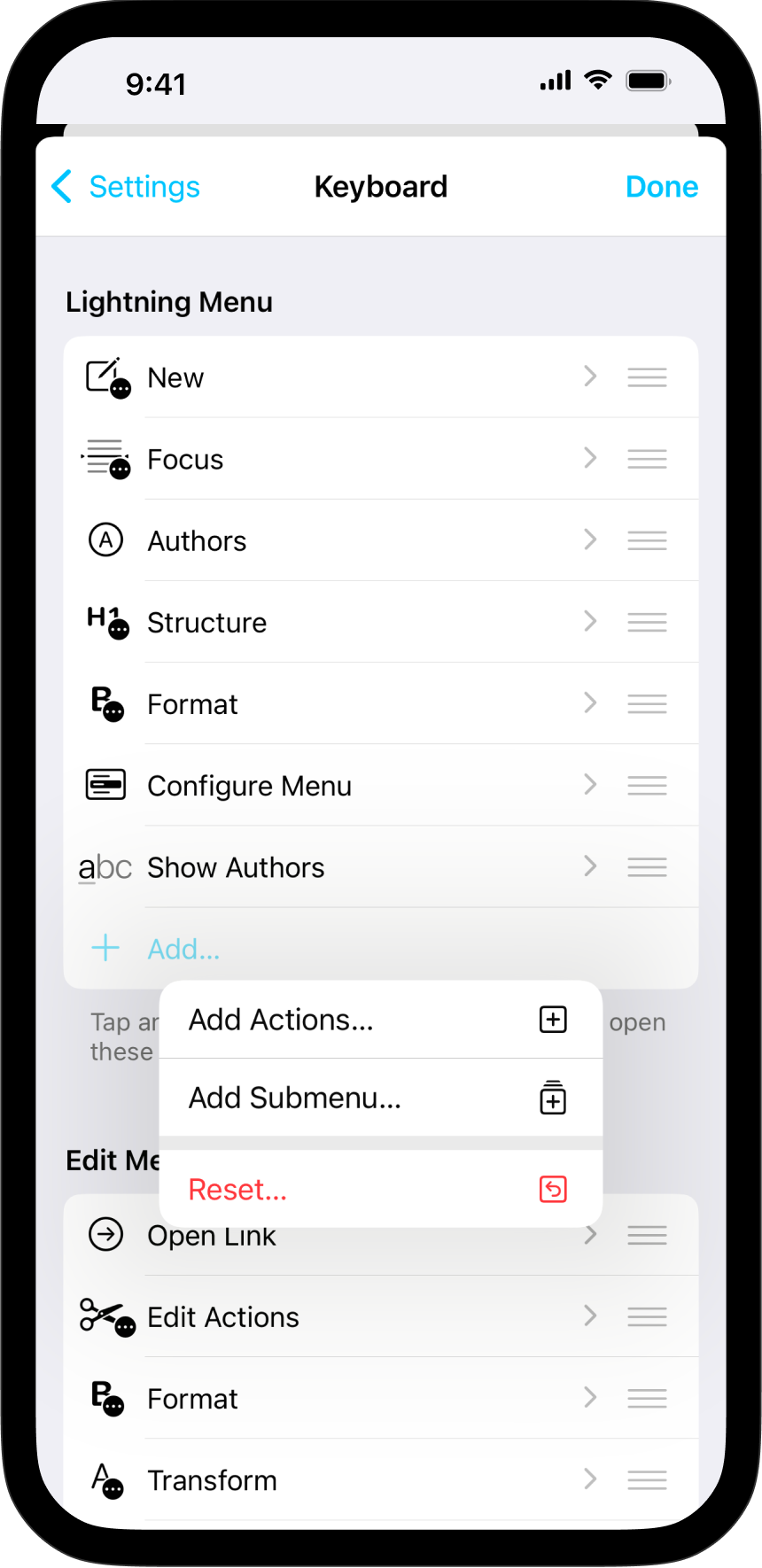Screenshot of the Keyboard Lightning menu where you can add actions