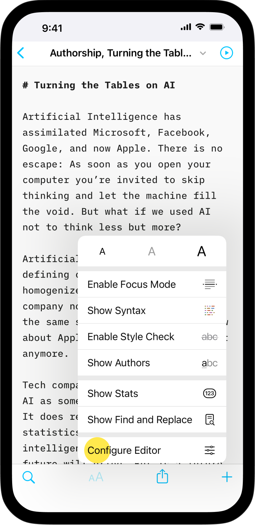 Screenshot of the Lightning menu with Configure Menu option highlighted
