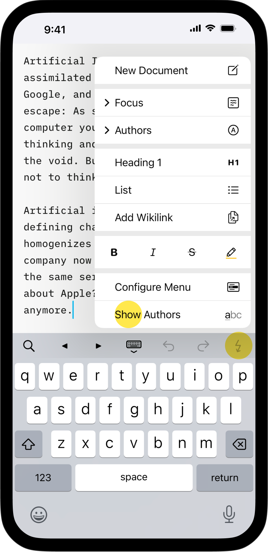 Screenshot of the lightning menu in Writer for iOS where you can enable Authorship