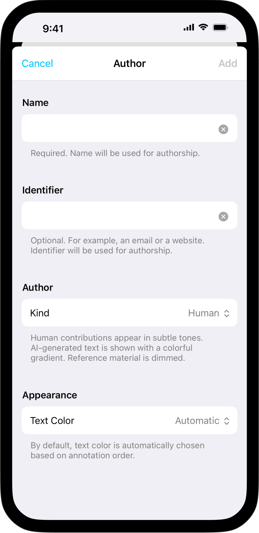 A screenshot of a submenu of the "Authorship" menu.