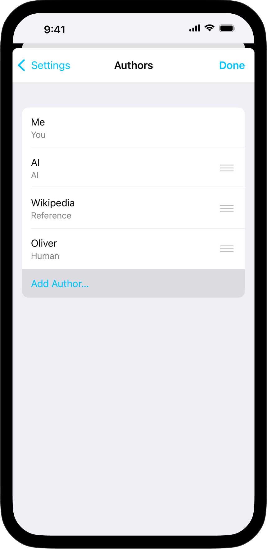 A screenshot of the "Authorship" menu.