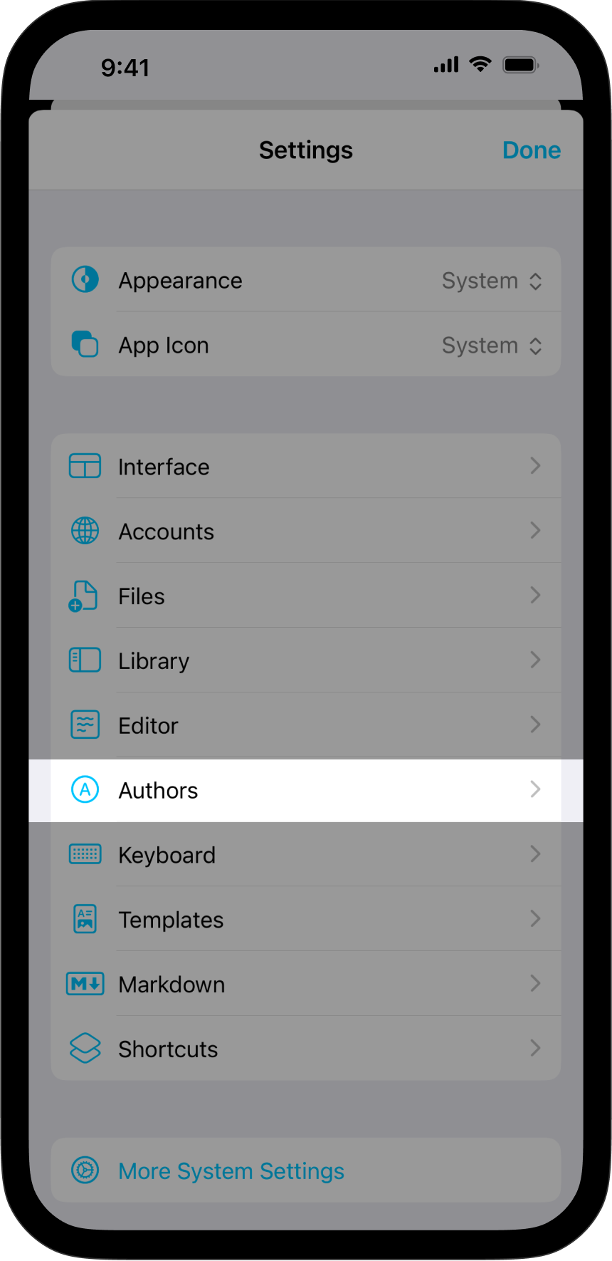 A screenshot of the Settings menu with "Authorship" item hightlighted.