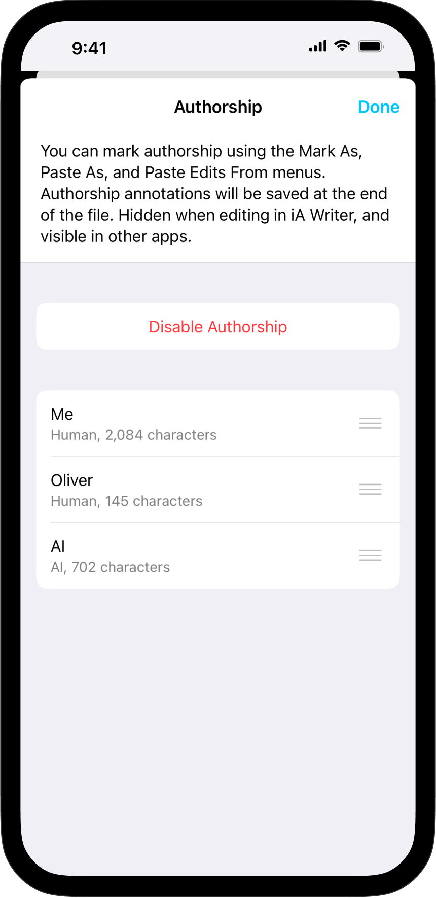 A screenshot of the Authorship submenu.