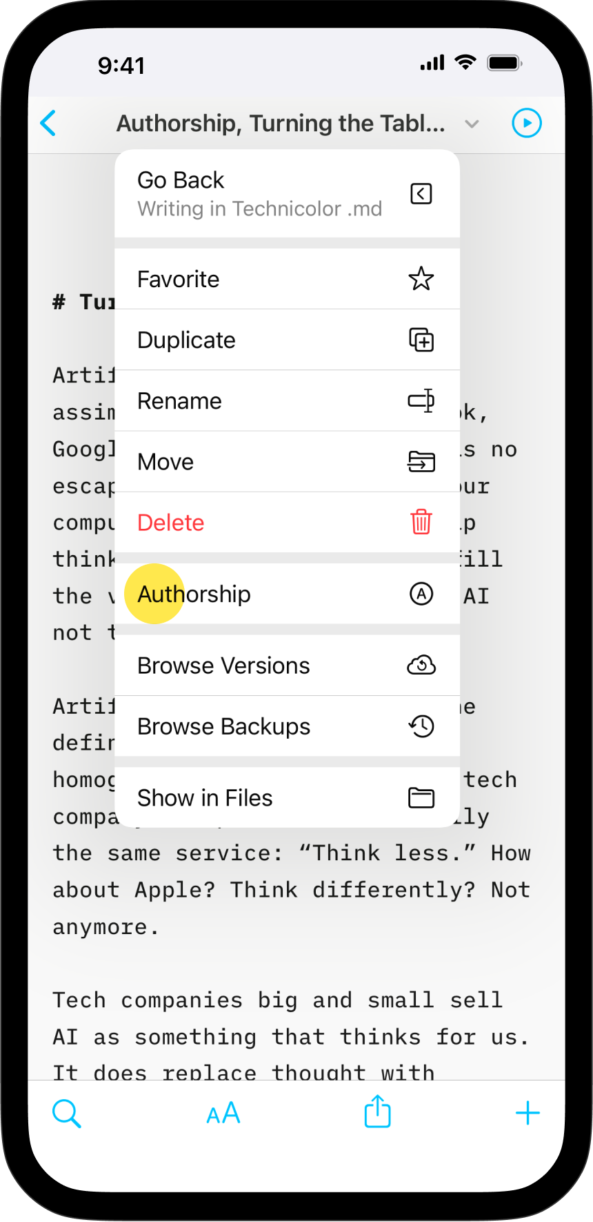 A screenshot of a pop-up menu with the "Authorship" item highglighted.