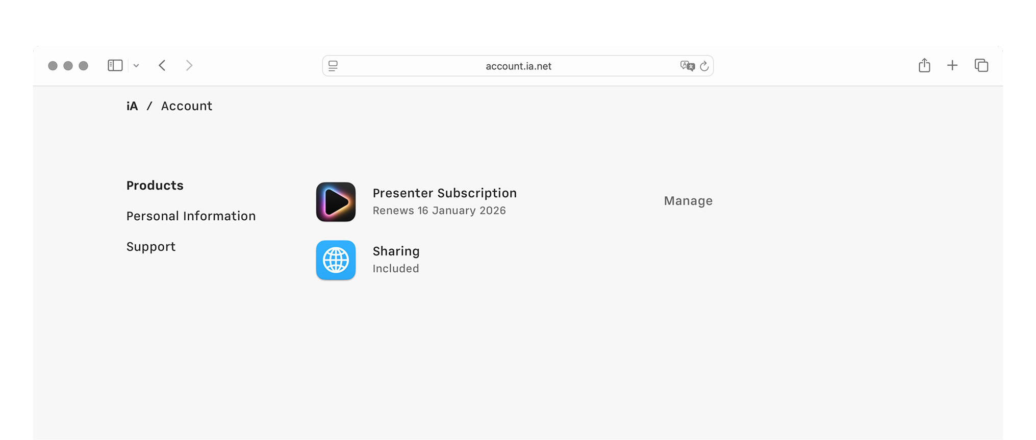 iA Accounts homepage showing user's active subscription and other iA services